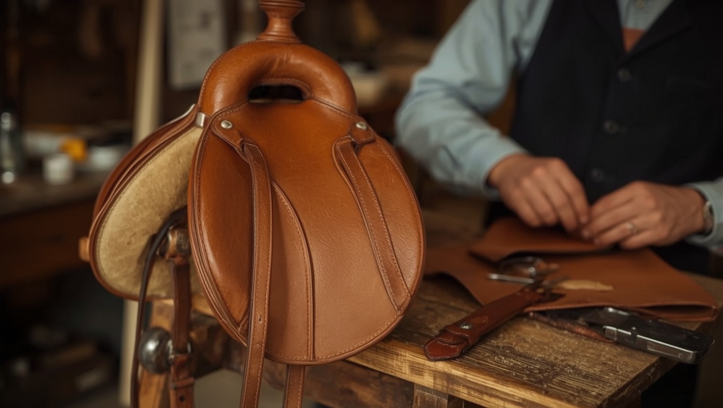 gros plan sur un stand d'artisan sellier : une selle en cuir fauve sur un chevalet, outils de couture posés à côté, mains d'un artisan en train de cou