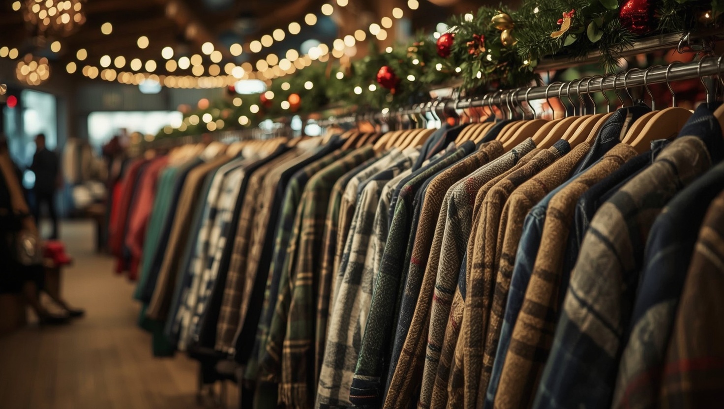 un village de boutiques de Noël en salle : vestes en tweed, bottes en caoutchouc et couvertures à carreaux sur des portants, guirlandes floues.