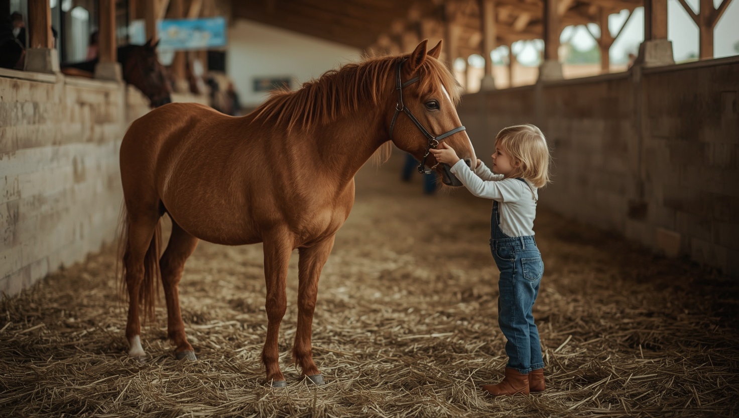un enfant qui caresse un poney alezan dans un espace familial de salon, paille au sol, lumière chaude.
