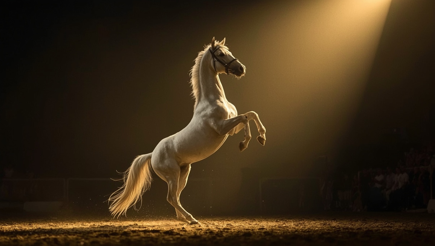 une soirée de spectacle équestre : un cheval blanc cabré sous un faisceau de lumière dorée, fumée légère, fond sombre.
