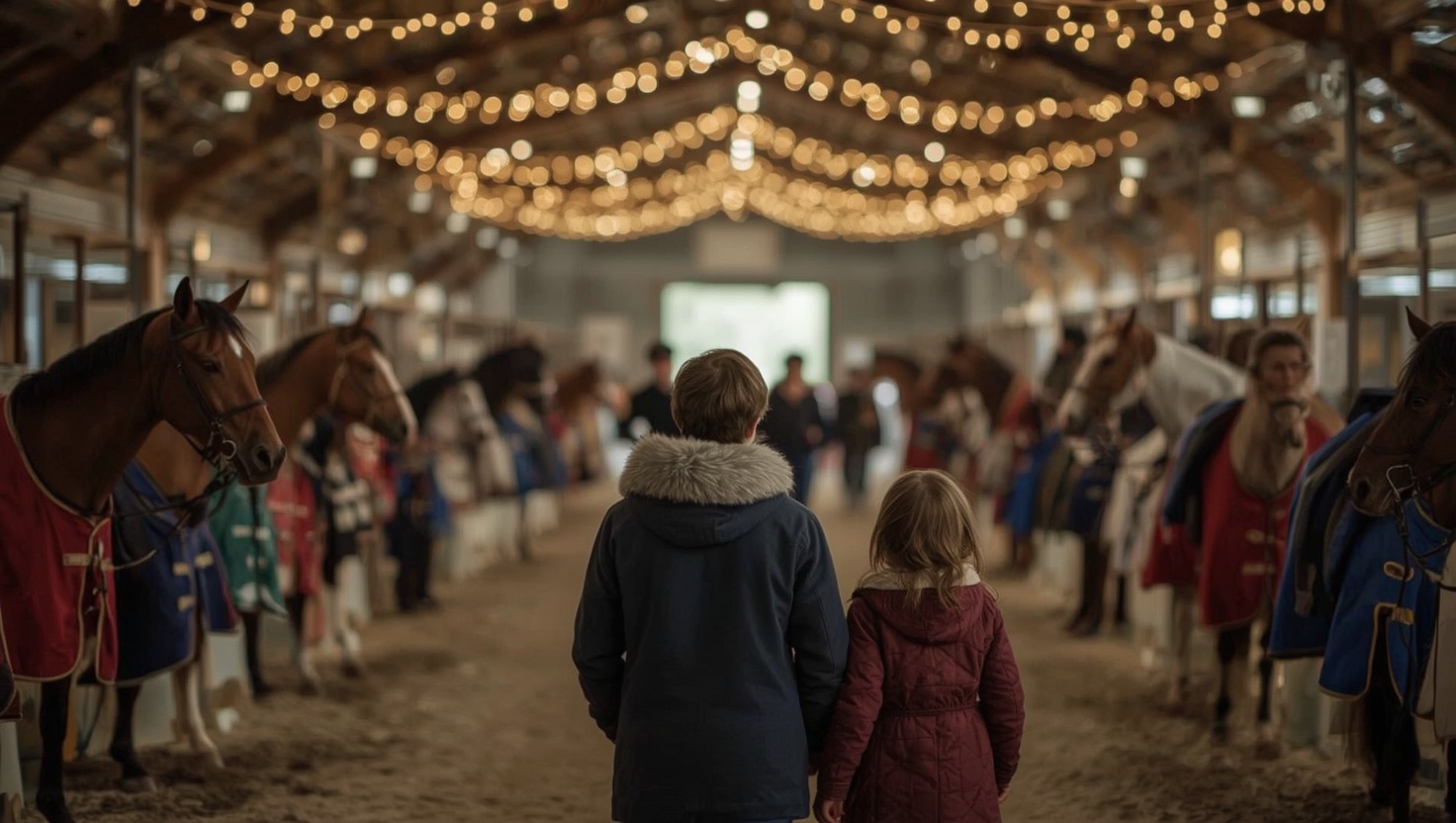 allée d'un salon en décembre : une famille de dos regarde un stand de couvertures pour chevaux et de licols colorés, guirlandes lumineuses floues au p