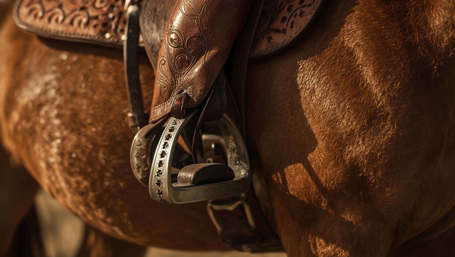 détail d'une selle vaquera en cuir travaillé et de ses étriers en fer à caisson, posés sur un cheval bai. Fond flou.