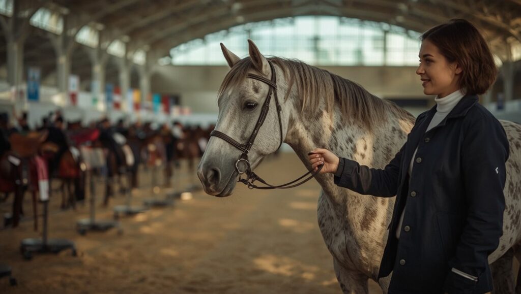 dans un grand hall d'exposition lumineux, un cheval gris pommelé tenu en main par une cavalière en tenue de concours, placé d