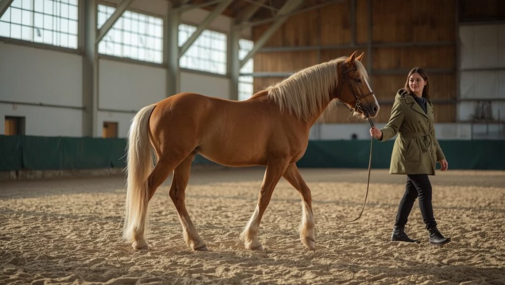 un cheval de race Haflinger, robe alezane et crins lavés, présenté en main par un éleveur en gilet, placé dans le tiers droit