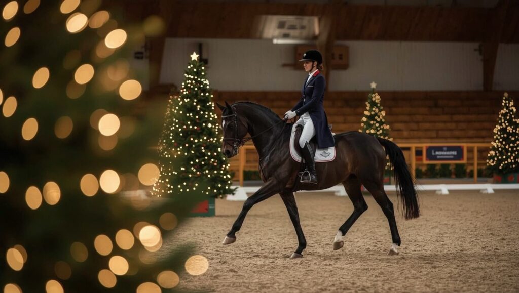 une cavalière de dressage en frac sur un cheval noir en piaffer, placée dans le tiers droit, dans une piste couverte décorée