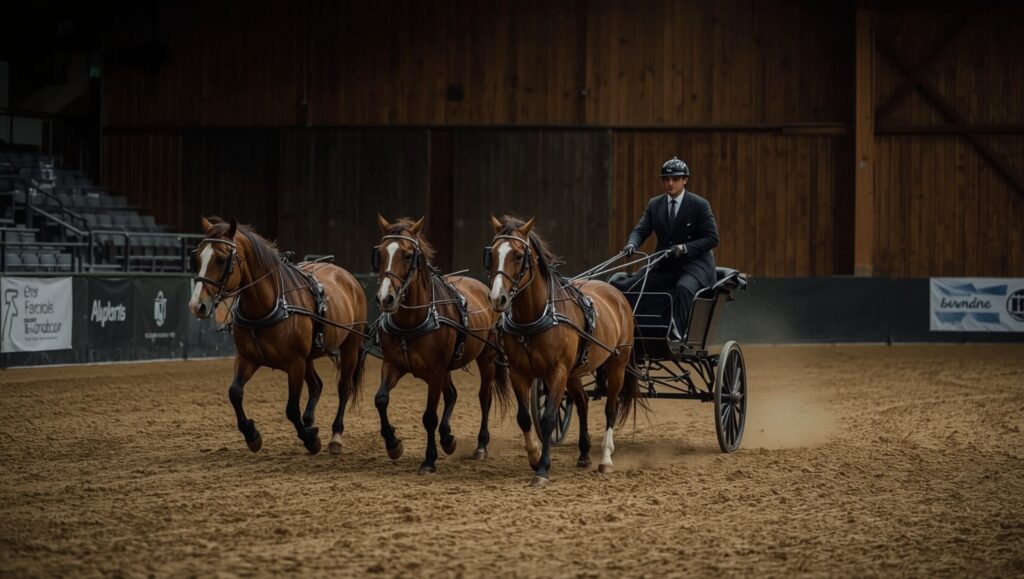 un attelage à quatre chevaux bais lancé dans un virage serré sur une piste couverte, meneur et groom penchés, placé dans le t