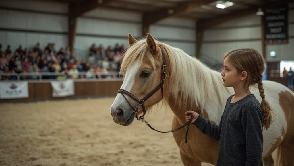 un poney shetland pie, crinière tressée, tenu par une jeune cavalière en polo de club, placé dans le tiers droit, dans une ca