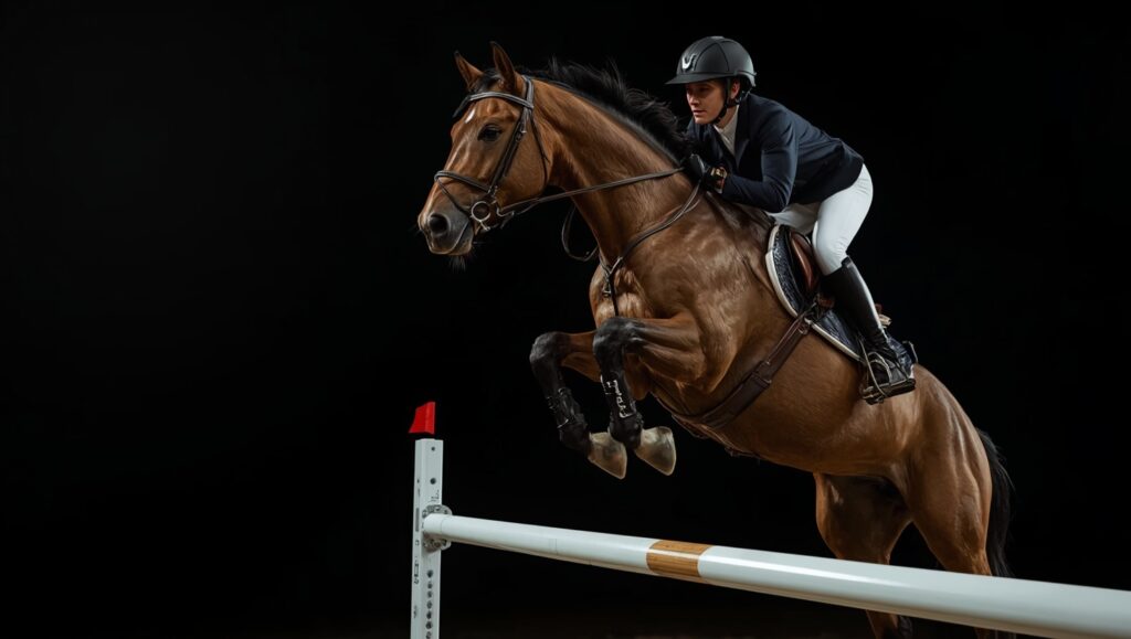 un cheval bai au saut d'un oxer coloré dans une piste couverte, cavalier en veste sombre, placé dans le tiers droit, photogra