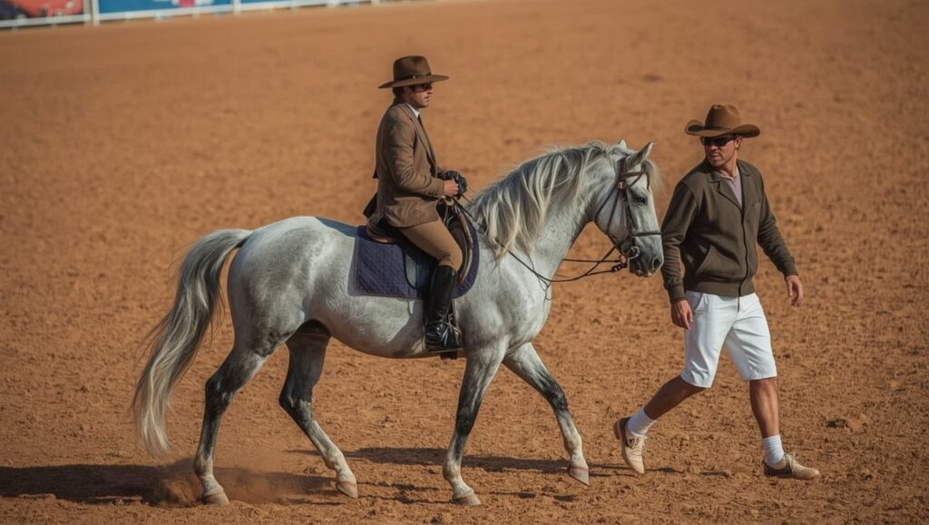 un étalon de pure race espagnole gris clair, crinière longue et ondulée, présenté en main au trot par un cavalier en tenue an